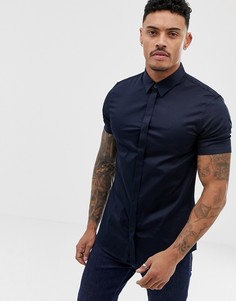 Темно-синяя поплиновая рубашка зауженного кроя Armani Exchange - Темно-синий