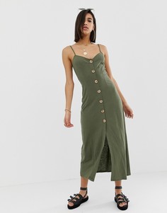 Свободное меланжевое платье макси на бретелях с пуговицами ASOS DESIGN - Зеленый