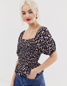 Топ свободного покроя с баской и мелким цветочным принтом New Look - Черный