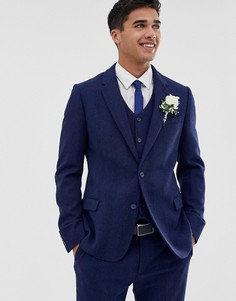 Синий приталенный пиджак с добавлением шерсти и узором в елочку ASOS DESIGN wedding - Синий