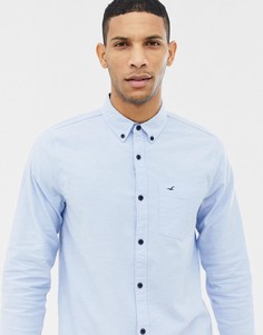 Голубая приталенная оксфордская рубашка с логотипом Hollister - Синий