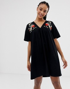 Свободное хлопковое платье с вышивкой ASOS DESIGN - Черный