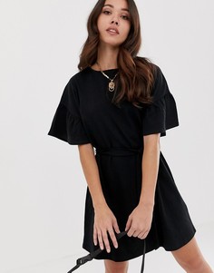 Меланжевое платье мини с оборками на рукавах и поясом ASOS DESIGN - Черный