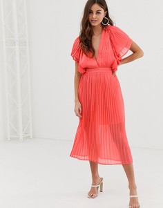 Платье миди кораллового цвета с плиссировкой и открытой спиной PrettyLittleThing - Мульти