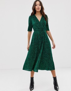 Зеленое плиссированное платье миди с пуговицами и звериным принтом ASOS DESIGN - Мульти