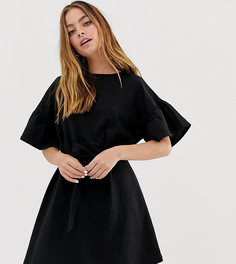 Меланжевое платье мини с оборками на рукавах и поясом ASOS DESIGN Petite - Черный