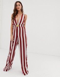 Комбинезон в полоску красного и кремового цвета с поясом PrettyLittleThing - Мульти