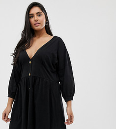 Свободное платье с рукавами длиной 3/4 и пуговицами ASOS DESIGN Curve - Черный