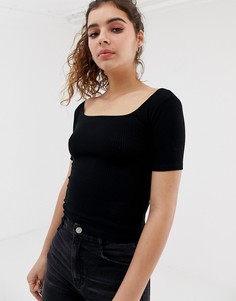 Черный топ в рубчик с рукавами длиной 3/4 Pull&Bear - Черный