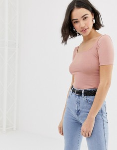 Розовый топ в рубчик с квадратным вырезом и рукавами 3/4 Pull&Bear - Розовый