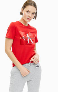 Красная хлопковая футболка с принтом Calvin Klein Jeans