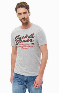 Серая хлопковая футболка с принтом Jack & Jones