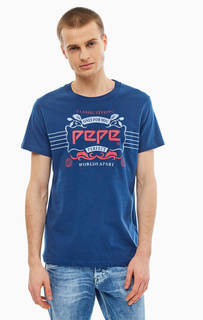Синяя хлопковая футболка с принтом Pepe Jeans
