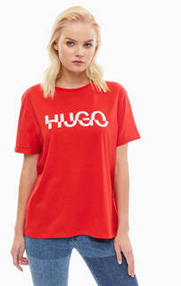 Красная хлопковая футболка с принтом Hugo Boss