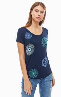 Синяя футболка из вискозы с вышивкой Desigual