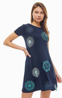 Синее платье из вискозы с вышивкой Desigual