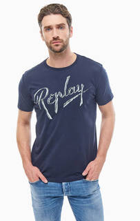Синяя хлопковая футболка с круглым вырезом Replay