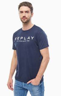Синяя хлопковая футболка с принтом Replay