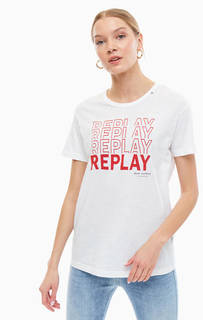Белая хлопковая футболка с принтом Replay