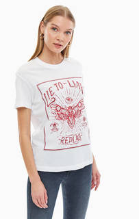 Белая хлопковая футболка с принтом Replay