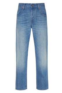 Голубые джинсы с потертостями и аппликацией Gucci