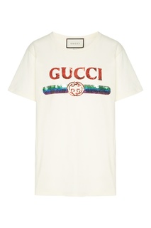 Белая хлопковая футболка с пайетками Gucci