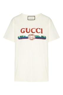 Белая хлопковая футболка с пайетками Gucci