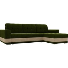 Диван угловой Лига Диванов Честер вельвет зеленый вставка бежевая правый угол.