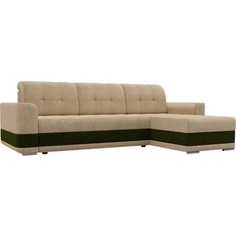 Диван угловой Лига Диванов Честер вельвет бежевый вставка зеленая правый угол.