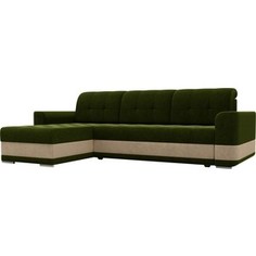 Диван угловой Лига Диванов Честер вельвет зеленый вставка бежевая левый угол.