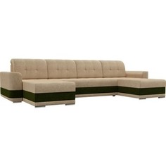 Диван Лига Диванов Честер вельвет бежевый вставка зеленая П-образный.