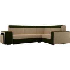 Угловой диван Лига Диванов Мустанг с двумя пуфами вельвет бежевый зеленый правый угол