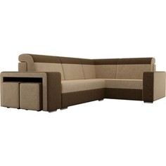 Угловой диван Лига Диванов Мустанг с двумя пуфами вельвет бежевый/коричневый правый угол