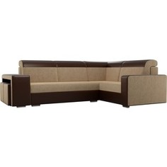 Угловой диван Лига Диванов Мустанг с двумя пуфами вельвет бежевый экокожа коричневый правый угол