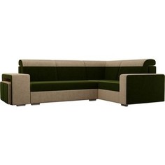 Угловой диван Лига Диванов Мустанг с двумя пуфами вельвет зеленый/бежевый правый угол