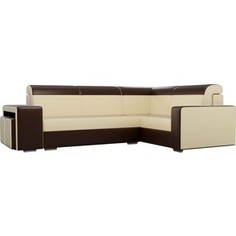 Угловой диван Лига Диванов Мустанг с двумя пуфами экокожа бежевый/коричневый правый угол
