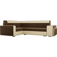 Угловой диван Лига Диванов Мустанг с двумя пуфами вельвет коричневый экокожа бежевый левый угол