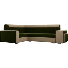 Угловой диван Лига Диванов Мустанг с двумя пуфами вельвет зеленый/бежевый левый угол