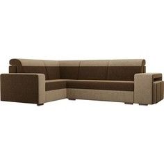 Угловой диван Лига Диванов Мустанг с двумя пуфами вельвет коричневый/бежевый левый угол