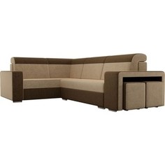 Угловой диван Лига Диванов Мустанг с двумя пуфами вельвет бежевый/коричневый левый угол