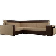 Угловой диван Лига Диванов Мустанг с двумя пуфами вельвет бежевый экокожа коричневый левый угол