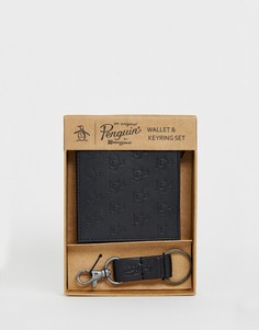 Подарочный набор из кожаного кошелька для монет и кольца для ключей Original Penguin - Черный