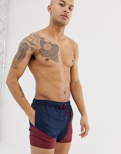 Короткие шорты для плавания темно-синего и бордового цвета со вставками ASOS DESIGN - Темно-синий