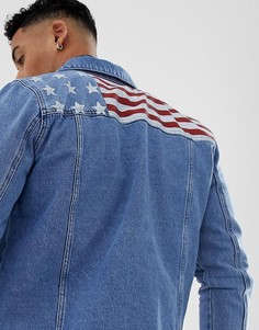 Синяя джинсовая куртка с принтом американского флага boohooMAN - Синий