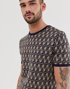 Темно-синяя трикотажная футболка со сплошным принтом логотипа River Island - Темно-синий