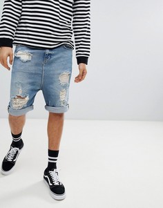 Синие джинсовые шорты заниженного кроя с рваной отделкой ASOS DESIGN - Синий