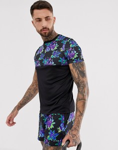 Спортивная футболка из быстросохнущей ткани с контрастной цветочной вставкой ASOS 4505 - Черный