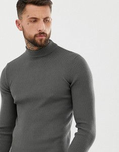 Сине-зеленый обтягивающий джемпер в рубчик с высоким воротником ASOS DESIGN - Темно-синий