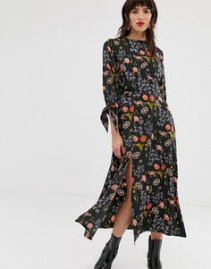 Чайное платье мидакси с завязками на манжетах и разрезом Neon Rose - Черный