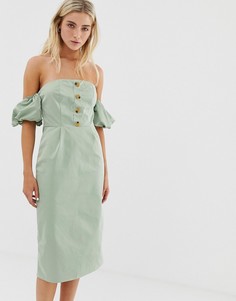 Платье миди с открытыми плечами и пуговицами Glamorous - Зеленый
